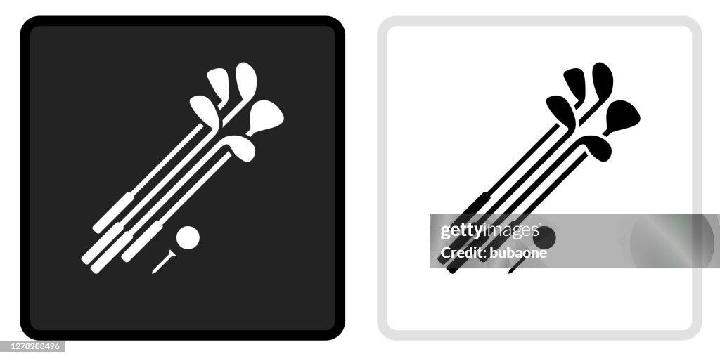 Conjunto de palos de golf e icono de bola en black button con white Rollover