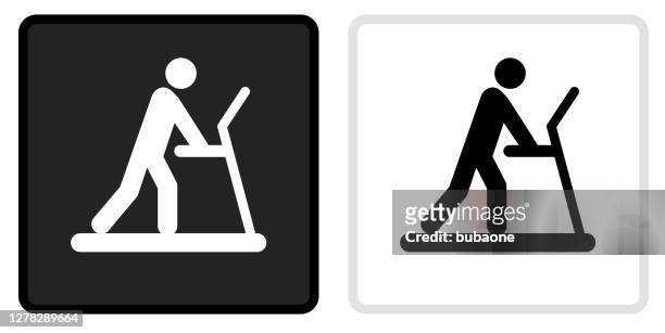 stockillustraties, clipart, cartoons en iconen met mens op het pictogram van de loopband op zwarte knoop met witte rollover - treadmill