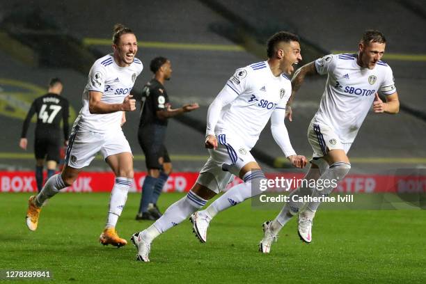 Rodrigo Moreno of Leeds United celebrates after scoring his team's first goal during the Premier League match between Leeds United and Manchester...