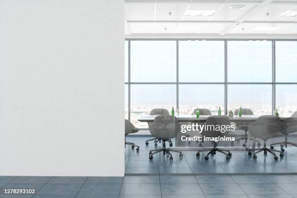 modern empty office room with white blank wall - office desk front view stock pictures, royalty-free photos & images