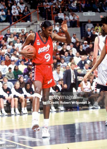 American basketball player Lisa Leslie, of Team USA, celebrates with a teammate during an exhibition game against the University of Connecticut,...