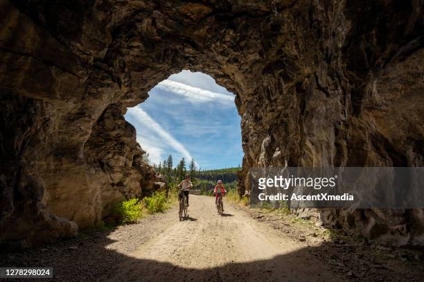 família pedalando no myra canyon trestles perto de kelowna - okanagan valley - fotografias e filmes do acervo