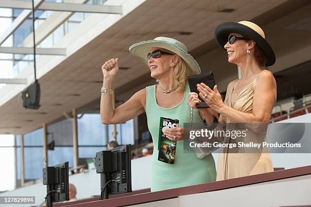 two upscale ladies cheering at horse race - horse racing stock pictures, royalty-free photos & images