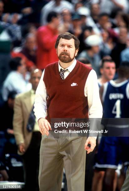 American basketball coach PJ Carlesimo of Seton Hall University on the sidelines during a game against the University of Connecticut, Hartford,...