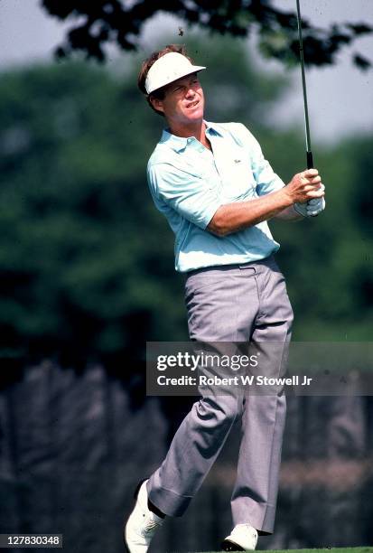 American golfer Tom Watson tees off at the Canon - Sammy Davis Jr Greater Hartford Open golf tournament, Cromwell, Connecticut, 1989.