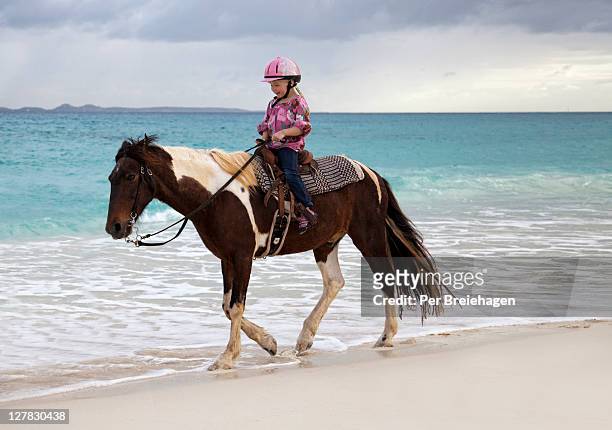 five year old girl riding horse on the beach - anguilla photos et images de collection