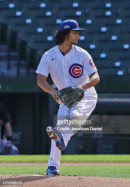 Starting pitcher Yu Darvish of the Chicago Cubs delivers the ball against the Miami Marlins during Game Two of the National League Wild Card Series...