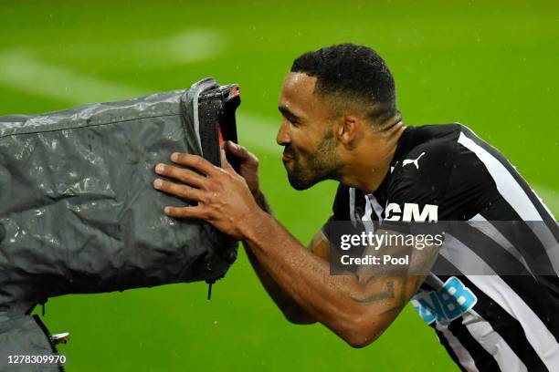 Callum Wilson of Newcastle United celebrates after scoring his team's third goal during the Premier League match between Newcastle United and Burnley...