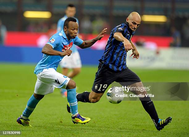 Esteban Cambiasso of FC Inter Milan and GCamilo Zuniga of SSC Napoli during the Serie A match between FC Internazionale Milano and SSC Napoli at...