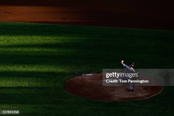 James Shields of the Tampa Bay Rays throws a pitch against the Texas Rangers during Game Two of the American League Division Series at Rangers...