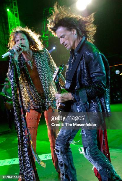 Steven Tyler and Joe Perry of Aerosmith perform at Shoreline Amphitheatre on November 2, 2006 in Mountain View, California.