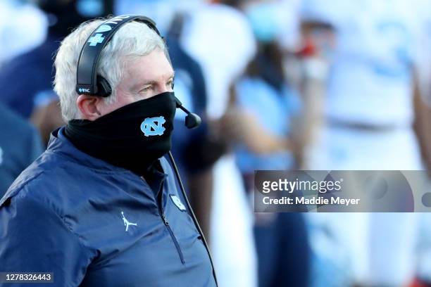 Head coach Mack Brown of the North Carolina Tar Heels looks on from the sideline during the game against the Boston College Eagles at Alumni Stadium...