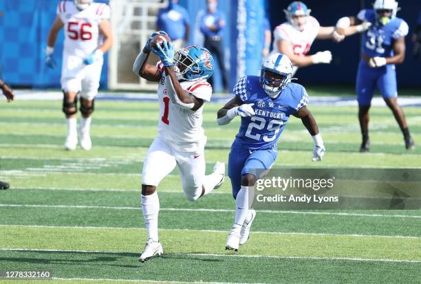 Jonathan Mingo of the Ole Miss Rebels catches a pass during the 42-41 OT win over the Kentucky Wildcats at Commonwealth Stadium on October 03, 2020...