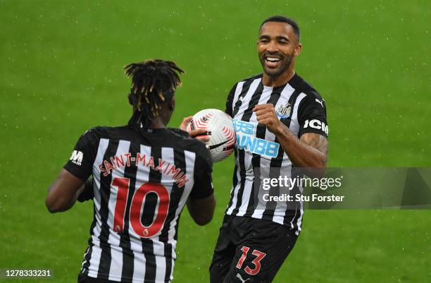 Newcastle striker Callum Wilson celebrates with Allan Saint-Maximin after scoring his first and Newcastle's second goal during the Premier League...