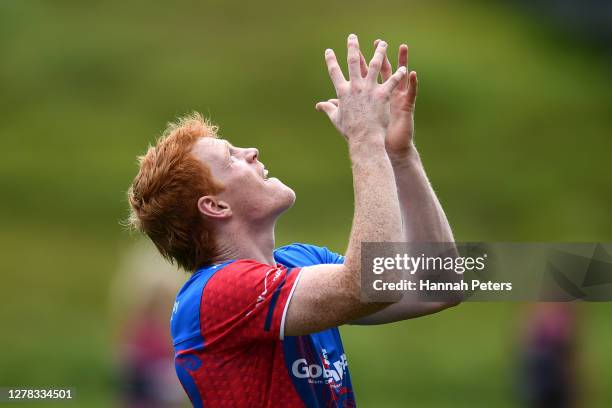 Finlay Christie of Tasman warms up ahead of the round 4 Mitre 10 Cup match between North Harbour and Tasman at North Harbour Stadium on October 04,...