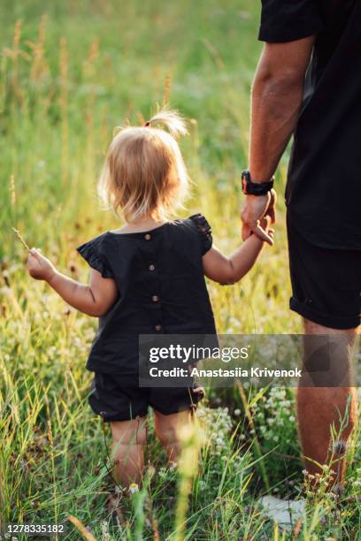 father and baby girl walking along in summer park holding hands. view from the back. father's day. - single father stockfoto's en -beelden