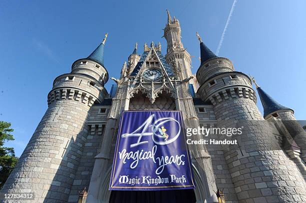 In this handout photo provided by Disney Parks, a view of Cinderella's Castle in the Magic Kingdom during Walt Disney World Resort's 40th Anniversary...