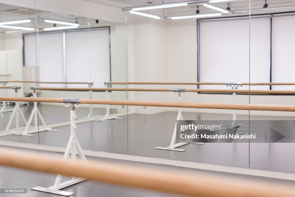 Unmanned ballet studio in the mirror with ballet lesson bar.