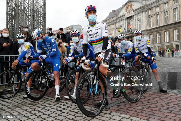 Start / Julian Alaphilippe of France World Champion Jersey, Andrea Bagioli of Italy, Remi Cavagna of France, Tim Declercq of Belgium, Dries Devenyns...