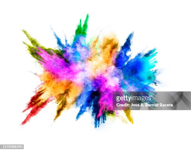 explosion by an impact of a cloud of particles of powder of multicolored on a white background. - farbpulver stock-fotos und bilder