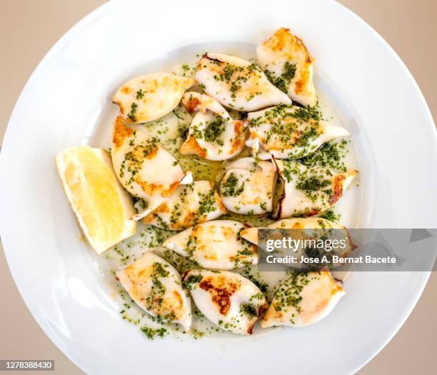 grilled squid with olive oil, parsley and garlic on a white plate. - cook battered fish stock pictures, royalty-free photos & images