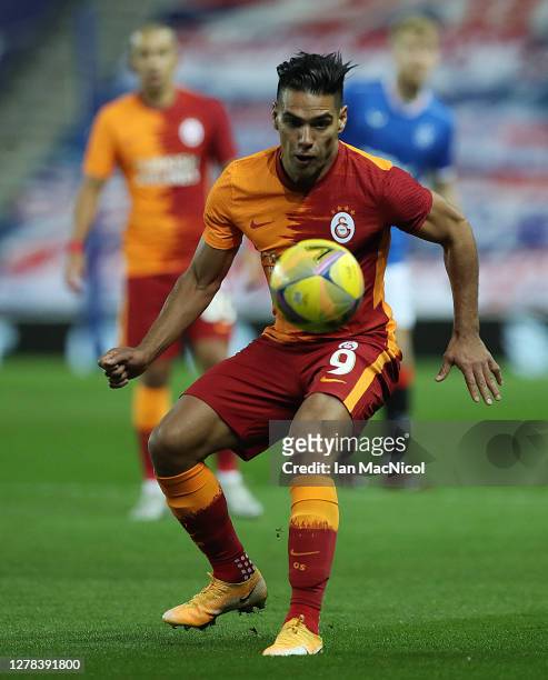 Radamel Falcao Garcia of Galatasaray controls the ball during the UEFA Europa League play-off match between Rangers and Galatasaray at Ibrox Stadium...