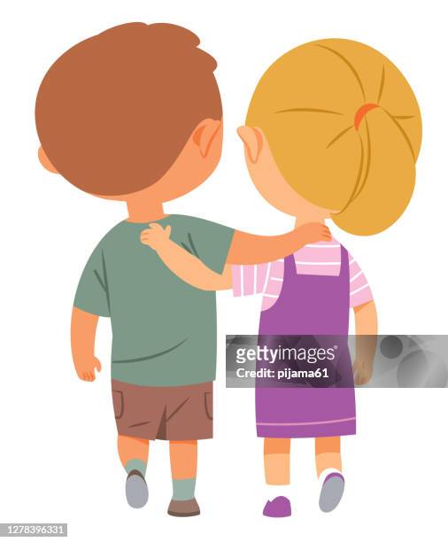 young boy and girl walking - boys stock-grafiken, -clipart, -cartoons und -symbole