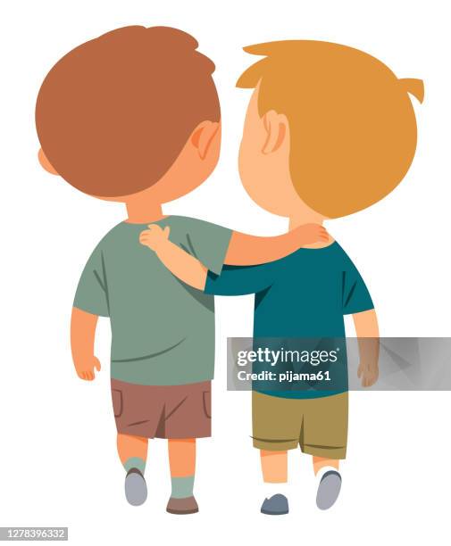 ilustraciones, imágenes clip art, dibujos animados e iconos de stock de amigos dos chicos caminando juntos - arm around