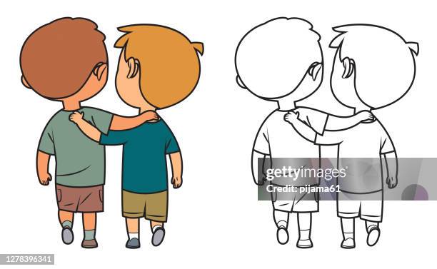 black and white, friends two boys walking together - arm in arm stock illustrations