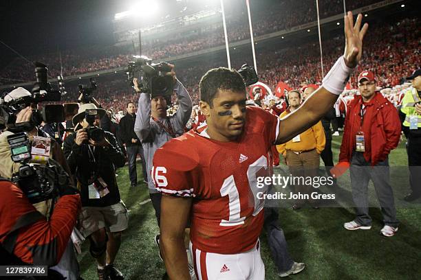 Russell Wilson of the Wisconsin Badgers leaves the game after playing against the Nebraska Cornhuskers October 1, 2011 at Camp Randall Stadium in...