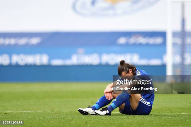 Caglar Soyuncu of Leicester City reacts at full time of the Premier League match between Leicester City and West Ham United at The King Power Stadium...