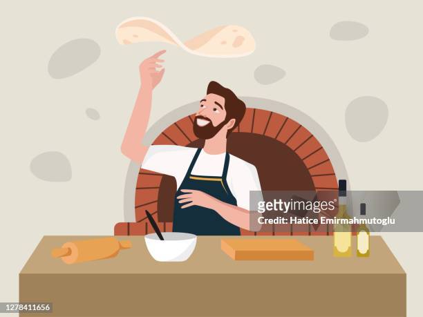 pizza chef tossing pizza dough in the air concept flat design - dough stock illustrations