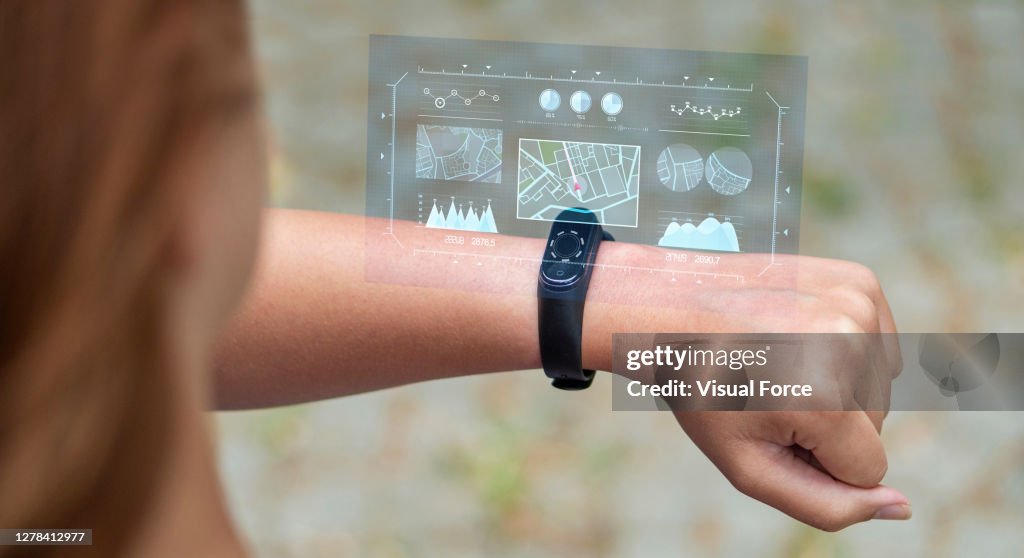Program Checking Maps Girl Checking Maps On Virtual Hologram Smart New High Technology With ...