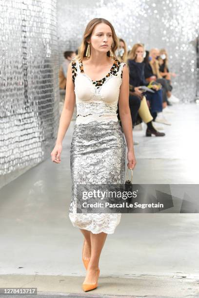 Christa Theret walks the runway during the Paco Rabanne Womenswear Spring/Summer 2021 show as part of Paris Fashion Week on October 04, 2020 in...