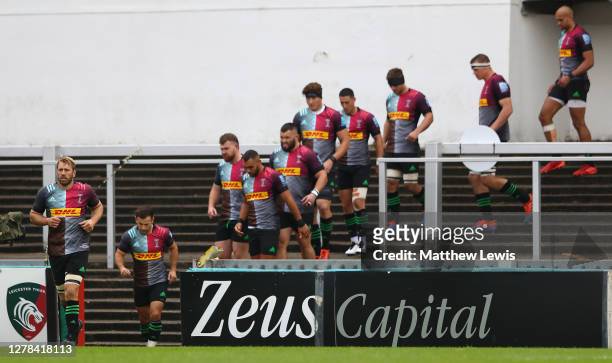 Chris Robshaw of Harlequins leads his team out for the last time on his 300th Premiership appearance during the Gallagher Premiership Rugby match...