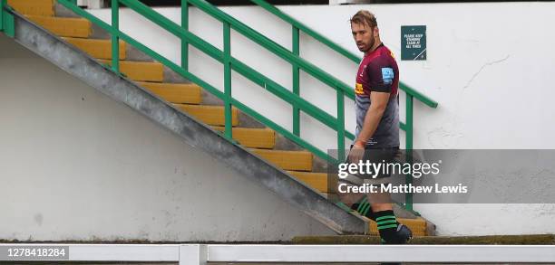 Chris Robshaw of Harlequins leads his team out for the last time on his 300th Premiership appearance during the Gallagher Premiership Rugby match...