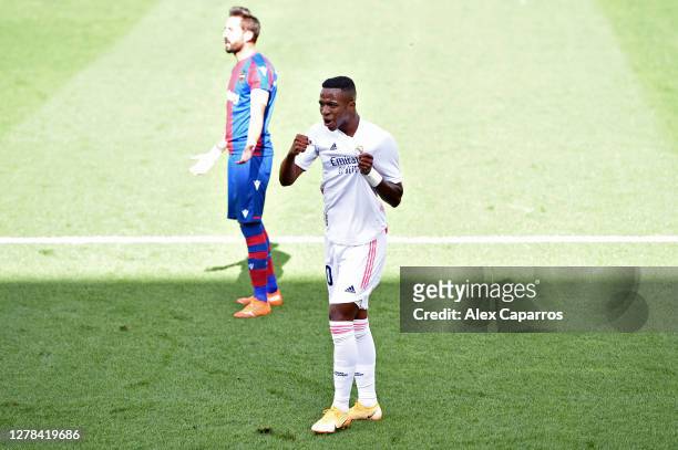 Vinicius Junior of Real Madrid celebrates after he scores his sides first goal during the La Liga Santander match between Levante UD and Real Madrid...