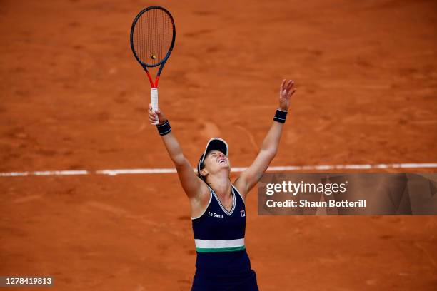 Nadia Podoroska of Argentina celebrates after winning match point during her Women's Singles fourth round match against Barbora Krejcikova of Czech...