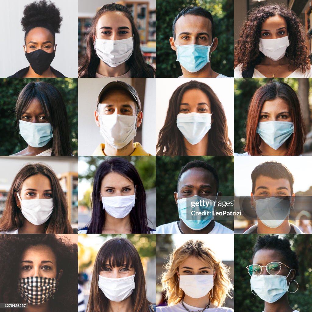 Diverso grupo de retratos de personas con máscaras quirúrgicas
