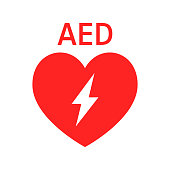 AED vector icon. Red heart with sign electricity. Sign automated external defibrillator.