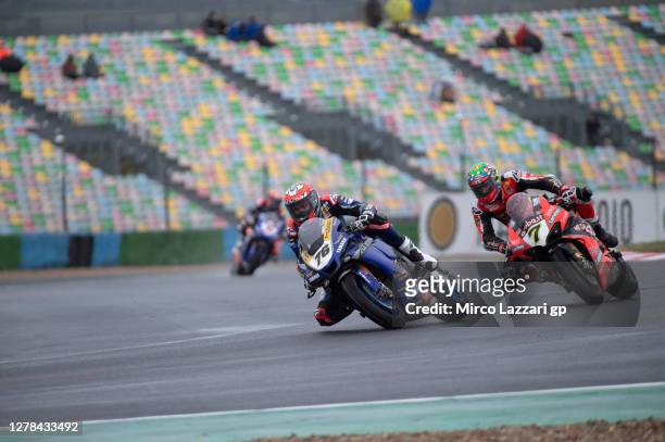 Loris Baz of France and Ten Kate Racing Yamaha leads the field during the Superbike race 2 during the WorldSBK French Round - Race 2 at Circuit de...