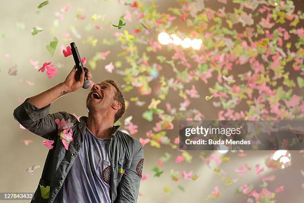 Coldplay performs on stage during a concert in the Rock in Rio Festival on October 01, 2011 in Rio de Janeiro, Brazil. Rock in Rio Festival comes...