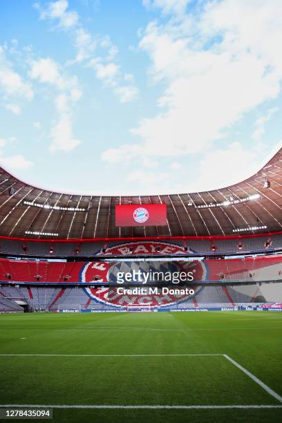 General view inside the empty venue prior to the Bundesliga match between FC Bayern Muenchen and Hertha BSC at Allianz Arena on October 04, 2020 in...