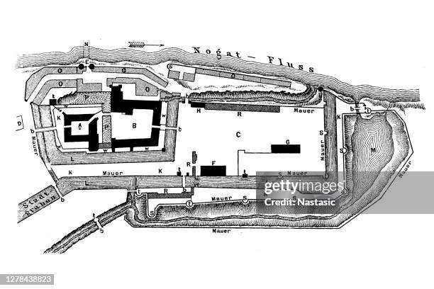 plan of teutonic knights castle malbork, nogat river, pomerania, poland | marienburg, ordensburg, polen - polen stock illustrations