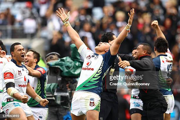 Sio Siua Taukeiaho of the Warriors celebrates after winning the 2011 Toyota Cup Grand Final match between the Warriors and the North Queensland...