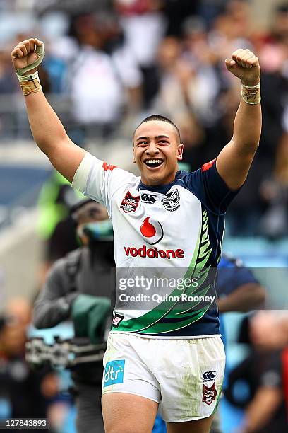 Sio Siua Taukeiaho of the Warriors celebrates after winning the 2011 Toyota Cup Grand Final match between the Warriors and the North Queensland...