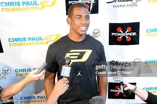 Chris Paul, of the New Orleans Hornets, speaks to the media prior to the CP3 All-Star pickup game at the Winston-Salem State University - C.E. Gaines...