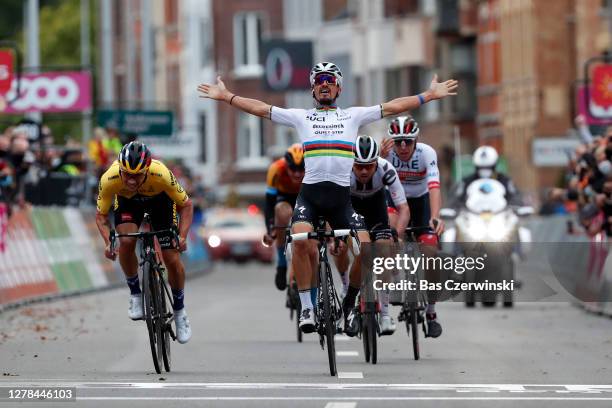 Sprint / Arrival / Primoz Roglic of Slovenia and Team Jumbo-Visma / Julian Alaphilippe of France and Team Deceuninck - Quick-Step World Champion...