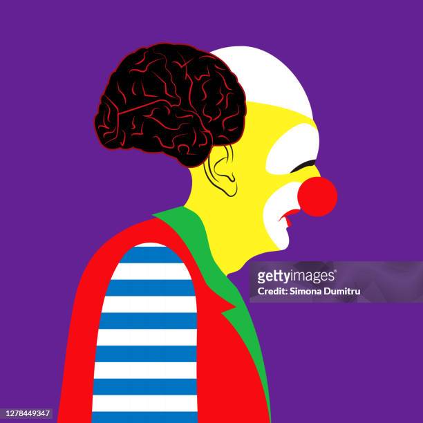 illustration of an exhausted clown with the hairstyle in the shape of a brain - clown's nose stock pictures, royalty-free photos & images