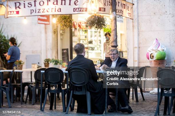 Cardinal George Pell is seen having dinner on October 04, 2020 in Vatican City, Vatican. Cardinal Pell returned to Vatican after he left in 2017 to...